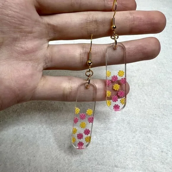Pink and Yellow Flower Engraved Acrylic Dangle Earrings - Picture 2 of 4